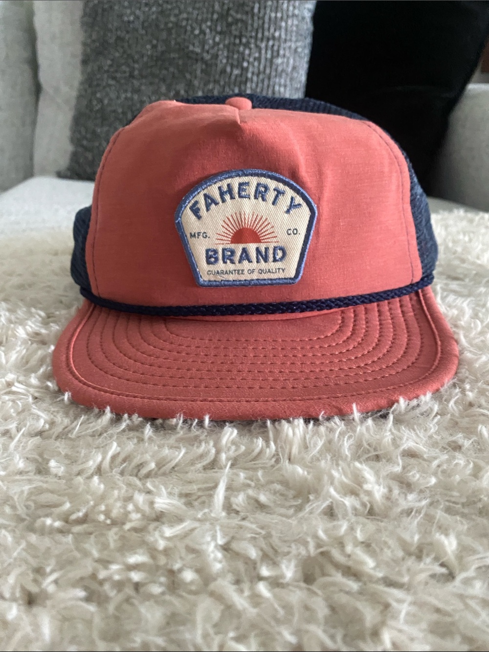 Faherty Coral and Navy Patch Trucker Hat